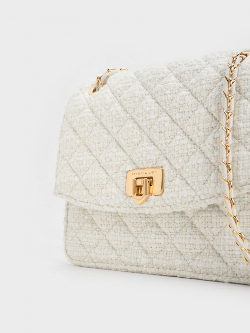 τσάντεσ ώμου Charles And Keith Cressida Tweed Chain λουρακια ασπρα | 94021-HXBJ