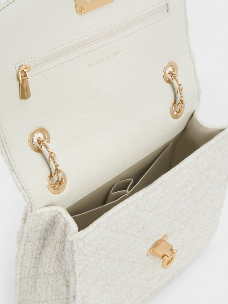 τσάντεσ ώμου Charles And Keith Cressida Tweed Chain λουρακια ασπρα | 94021-HXBJ