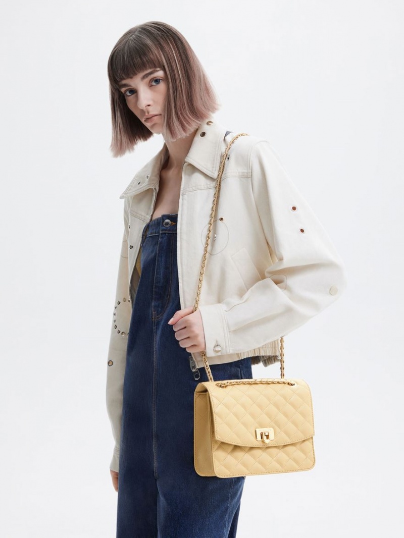 τσάντεσ ώμου Charles And Keith Cressida Καπιτονέ Chain λουρακια Μπεζ | 07246-DNGK