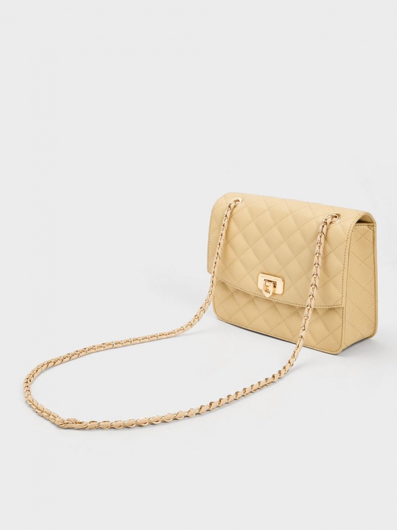 τσάντεσ ώμου Charles And Keith Cressida Καπιτονέ Chain λουρακια Μπεζ | 07246-DNGK