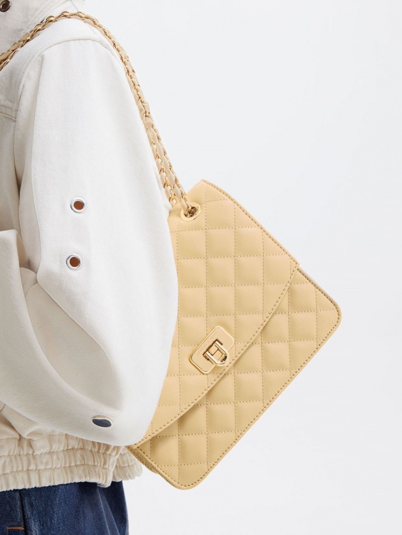 τσάντεσ ώμου Charles And Keith Cressida Καπιτονέ Chain λουρακια Μπεζ | 07246-DNGK
