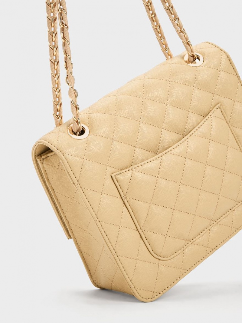 τσάντεσ ώμου Charles And Keith Cressida Καπιτονέ Chain λουρακια Μπεζ | 07246-DNGK