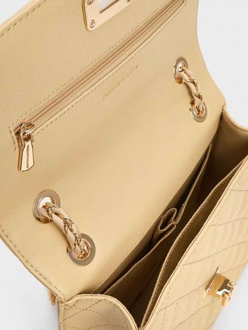 τσάντεσ ώμου Charles And Keith Cressida Καπιτονέ Chain λουρακια Μπεζ | 07246-DNGK