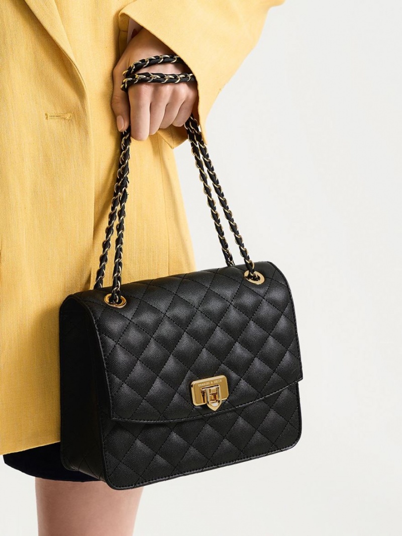 τσάντεσ ώμου Charles And Keith Cressida Καπιτονέ Chain λουρακια μαυρα | 61385-RMVS