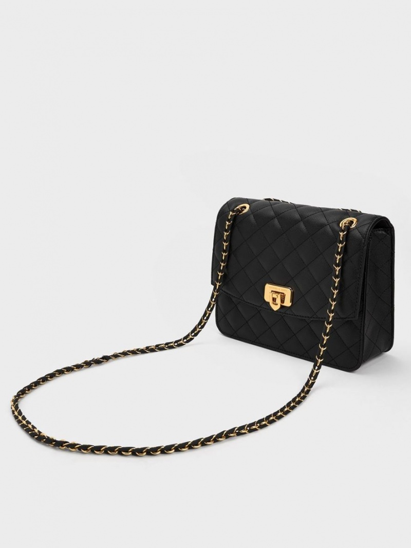 τσάντεσ ώμου Charles And Keith Cressida Καπιτονέ Chain λουρακια μαυρα | 61385-RMVS
