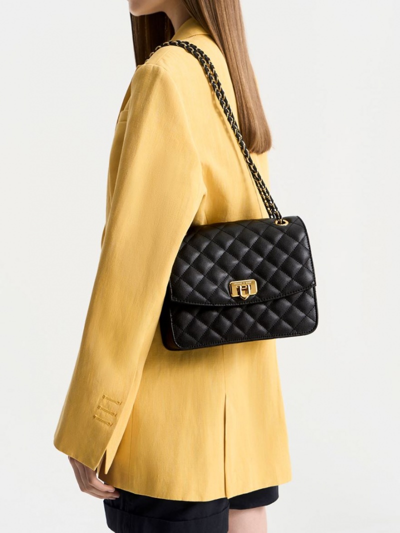 τσάντεσ ώμου Charles And Keith Cressida Καπιτονέ Chain λουρακια μαυρα | 61385-RMVS