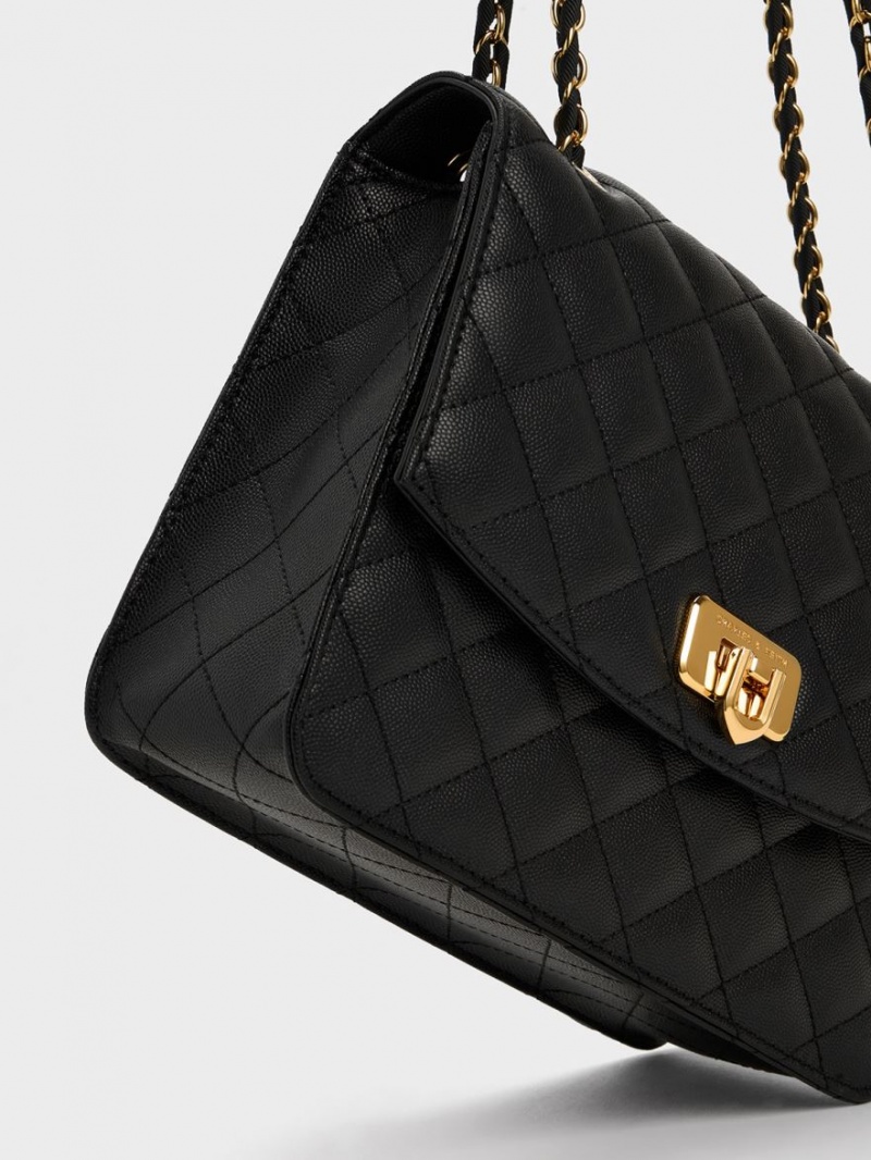τσάντεσ ώμου Charles And Keith Cressida Καπιτονέ Chain λουρακια μαυρα | 61385-RMVS