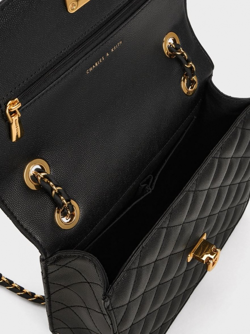 τσάντεσ ώμου Charles And Keith Cressida Καπιτονέ Chain λουρακια μαυρα | 61385-RMVS