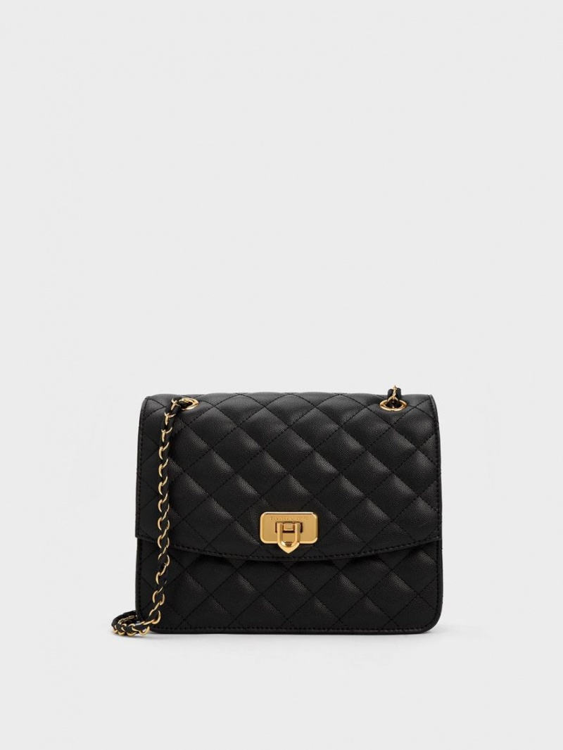 τσάντεσ ώμου Charles And Keith Cressida Καπιτονέ Chain λουρακια μαυρα | 61385-RMVS