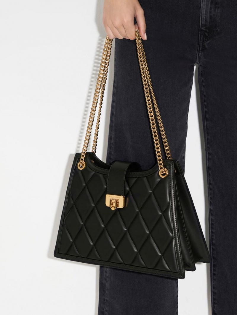 τσάντεσ ώμου Charles And Keith Cressida Καπιτονέ Trapeze Chain μαυρα | 36728-INQG
