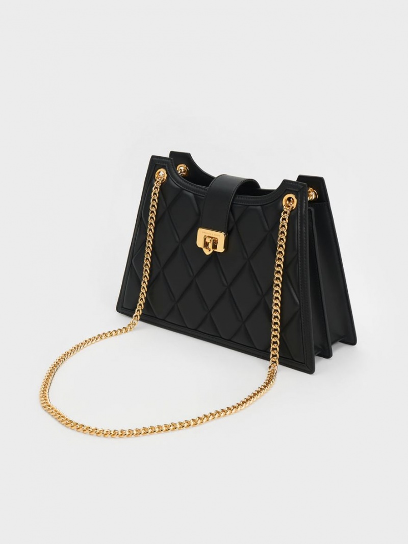 τσάντεσ ώμου Charles And Keith Cressida Καπιτονέ Trapeze Chain μαυρα | 36728-INQG