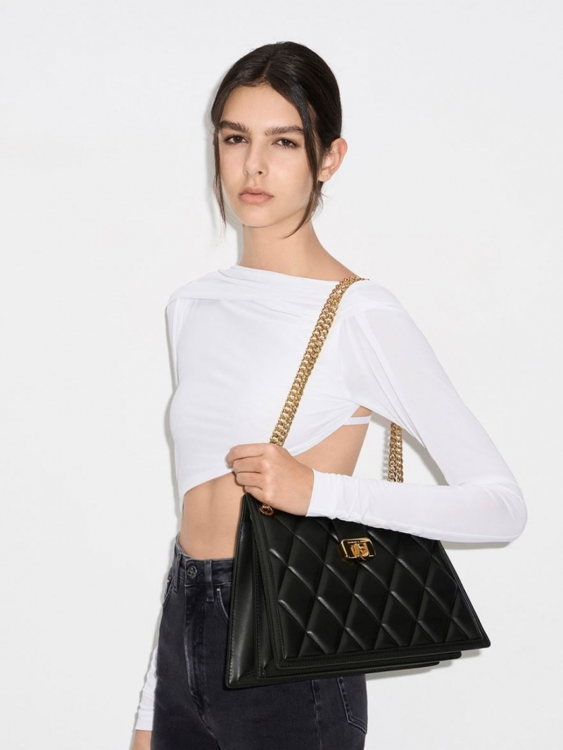 τσάντεσ ώμου Charles And Keith Cressida Καπιτονέ Trapeze Chain μαυρα | 36728-INQG