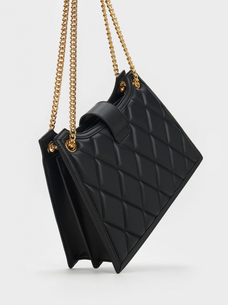 τσάντεσ ώμου Charles And Keith Cressida Καπιτονέ Trapeze Chain μαυρα | 36728-INQG