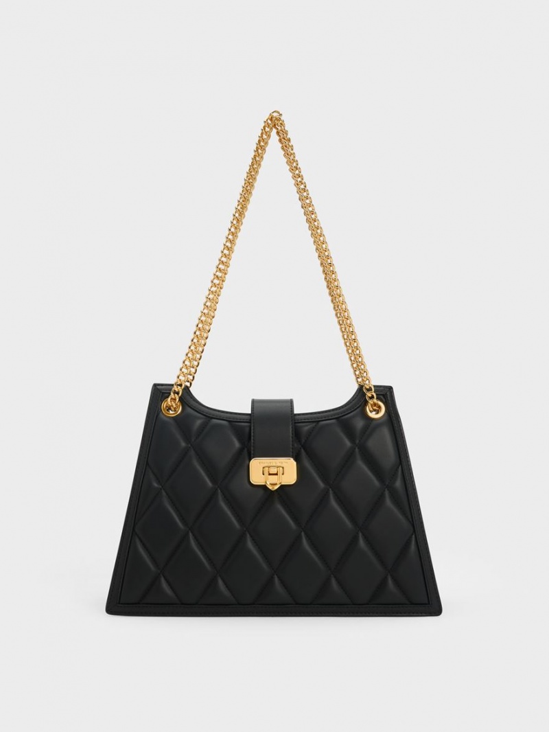 τσάντεσ ώμου Charles And Keith Cressida Καπιτονέ Trapeze Chain μαυρα | 36728-INQG