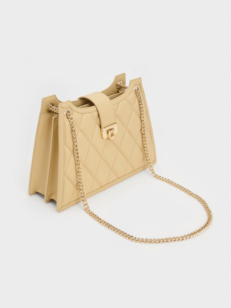 τσάντεσ ώμου Charles And Keith Cressida Καπιτονέ Trapeze Chain Μπεζ | 58312-QJDN