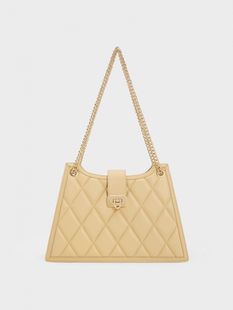 τσάντεσ ώμου Charles And Keith Cressida Καπιτονέ Trapeze Chain Μπεζ | 58312-QJDN
