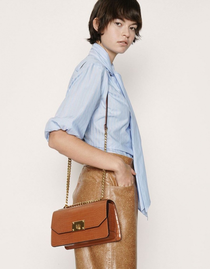 τσάντεσ χιαστί Charles And Keith Croc-Effect Chain λουρακια καφε | 75836-MTUB