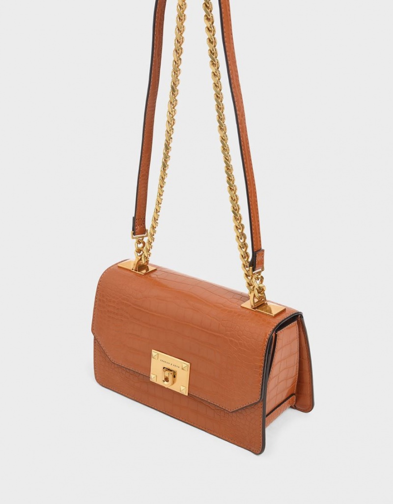 τσάντεσ χιαστί Charles And Keith Croc-Effect Chain λουρακια καφε | 75836-MTUB