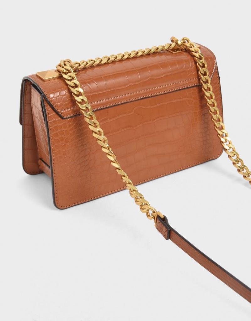 τσάντεσ χιαστί Charles And Keith Croc-Effect Chain λουρακια καφε | 75836-MTUB