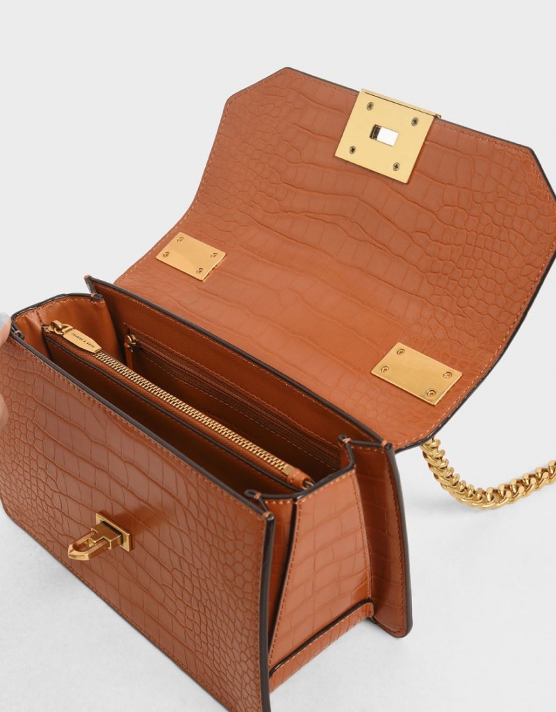 τσάντεσ χιαστί Charles And Keith Croc-Effect Chain λουρακια καφε | 75836-MTUB