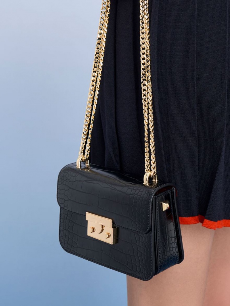 τσάντεσ χιαστί Charles And Keith Croc-Effect Chain λουρακια μαυρα | 56098-DQVL