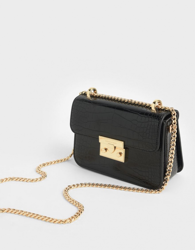 τσάντεσ χιαστί Charles And Keith Croc-Effect Chain λουρακια μαυρα | 56098-DQVL
