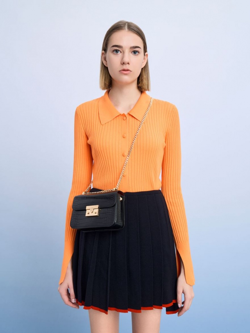 τσάντεσ χιαστί Charles And Keith Croc-Effect Chain λουρακια μαυρα | 56098-DQVL