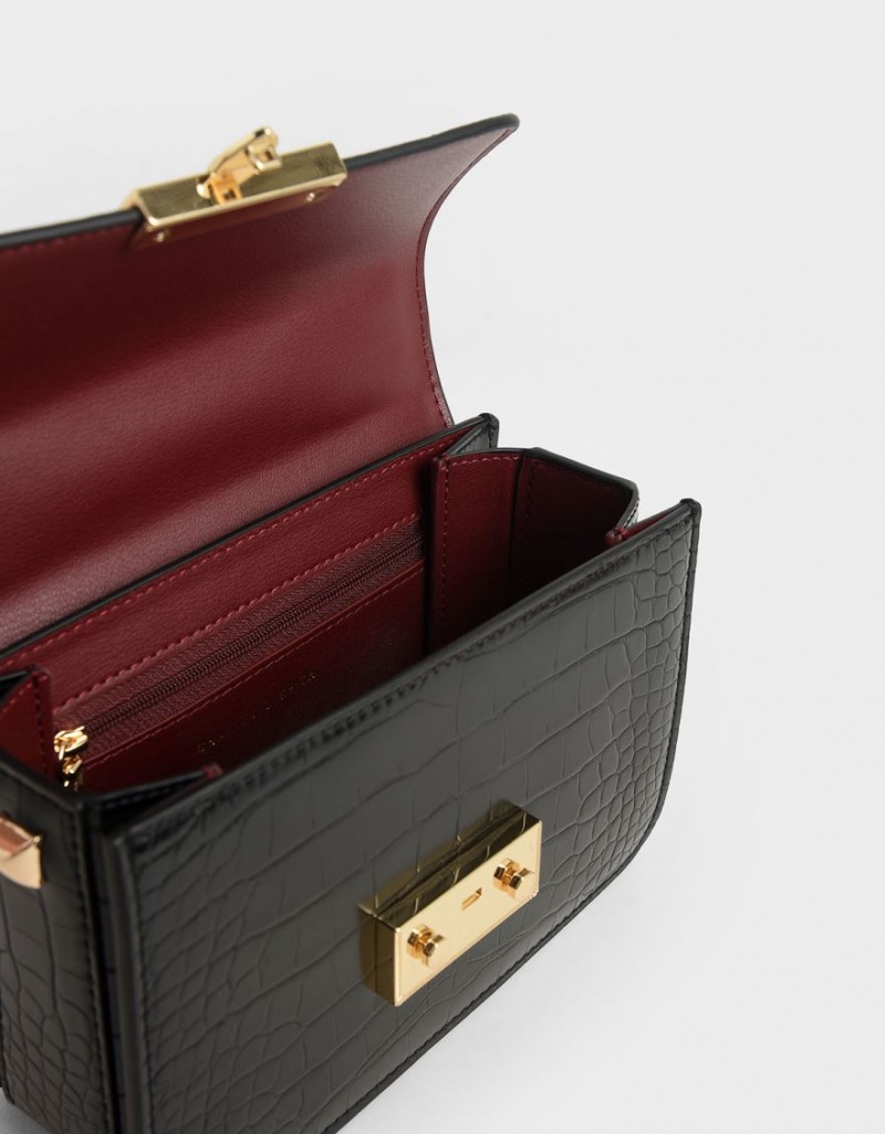 τσάντεσ χιαστί Charles And Keith Croc-Effect Chain λουρακια μαυρα | 56098-DQVL