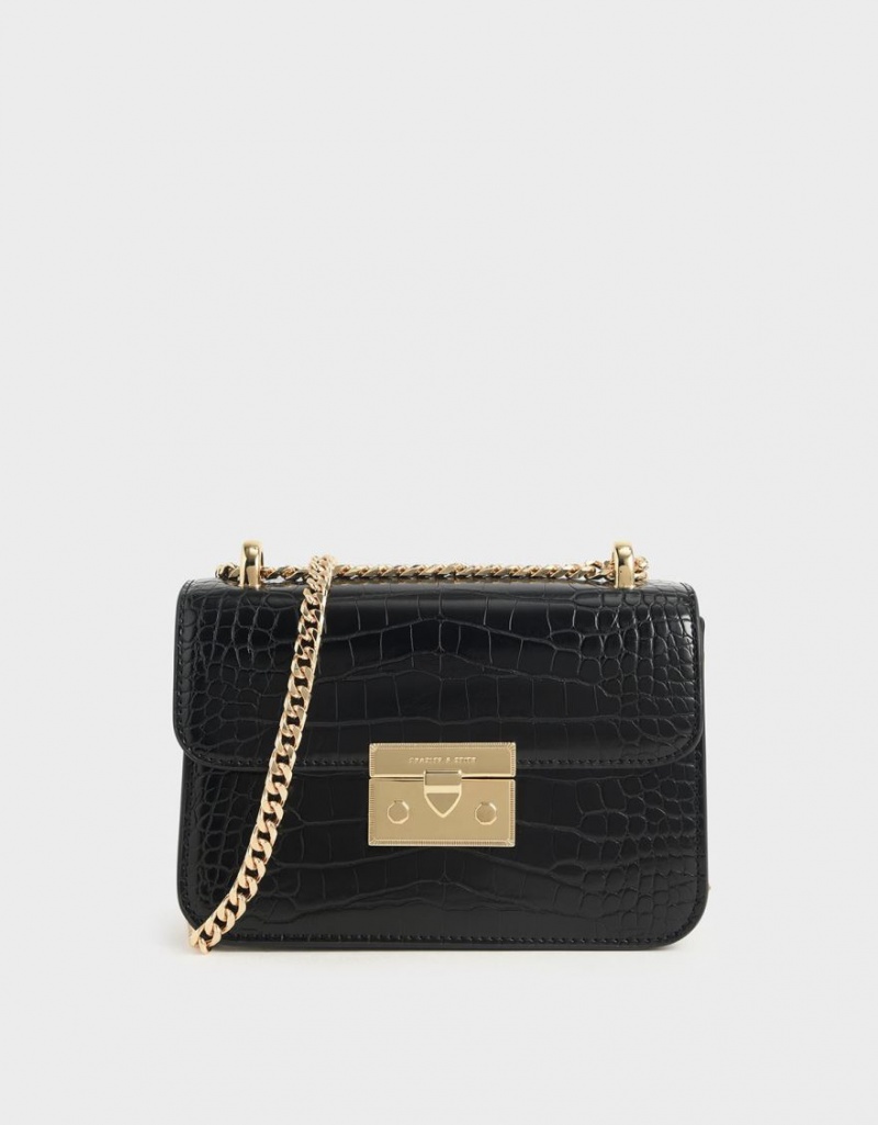 τσάντεσ χιαστί Charles And Keith Croc-Effect Chain λουρακια μαυρα | 56098-DQVL