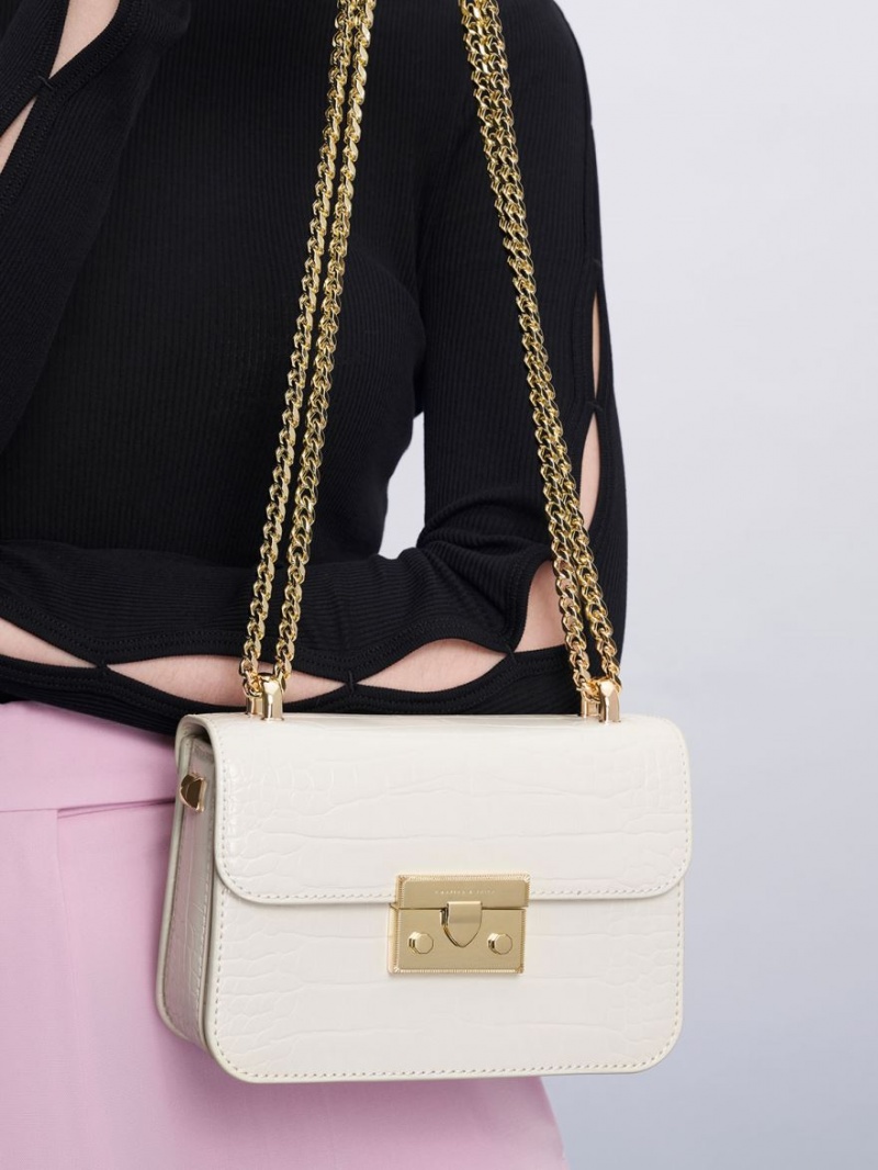 τσάντεσ χιαστί Charles And Keith Croc-Effect Chain λουρακια ασπρα | 07251-HTMZ