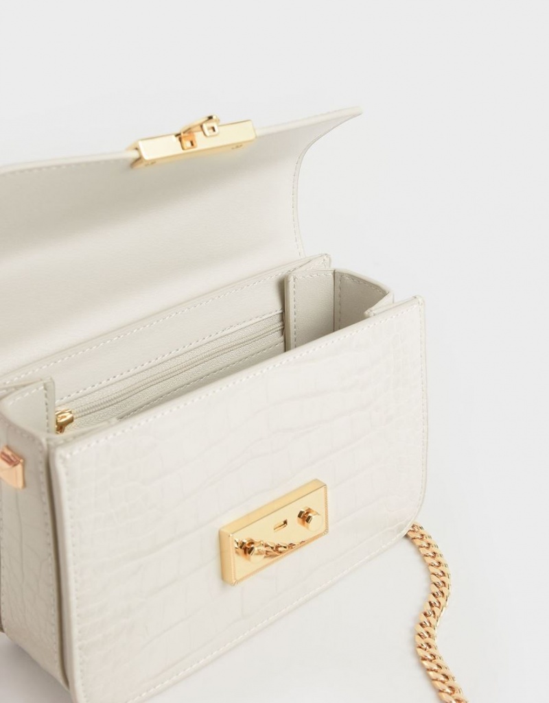 τσάντεσ χιαστί Charles And Keith Croc-Effect Chain λουρακια ασπρα | 07251-HTMZ