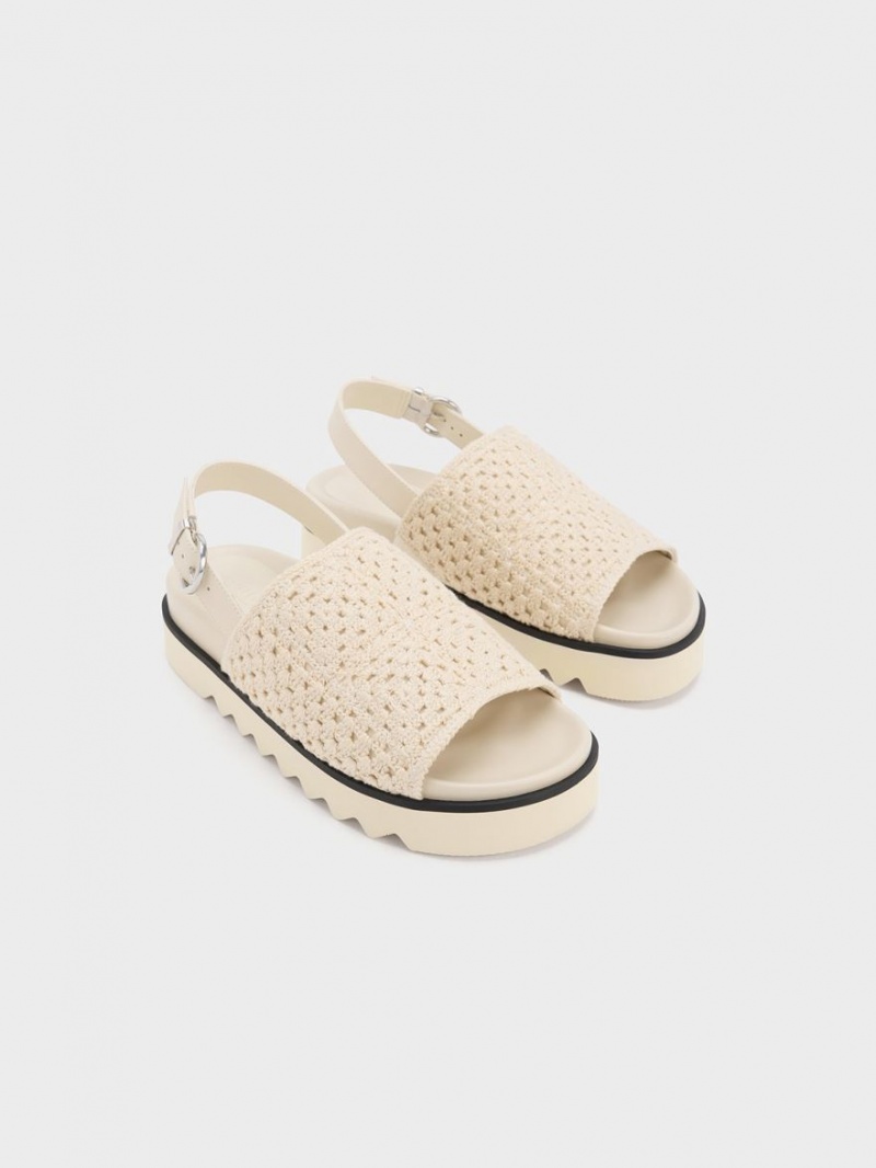 Πεδιλα Πλατφορμεσ Charles And Keith Crochet & δερματινα Slingback κρέμα | 26089-BVFJ