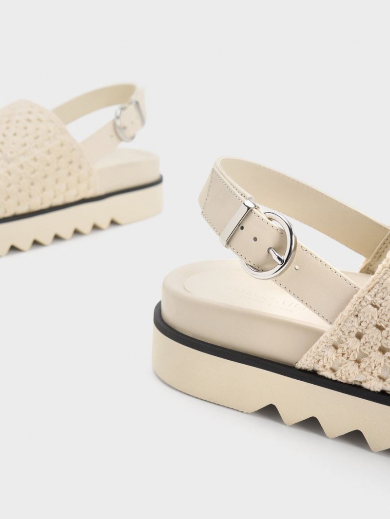 Πεδιλα Πλατφορμεσ Charles And Keith Crochet & δερματινα Slingback κρέμα | 26089-BVFJ