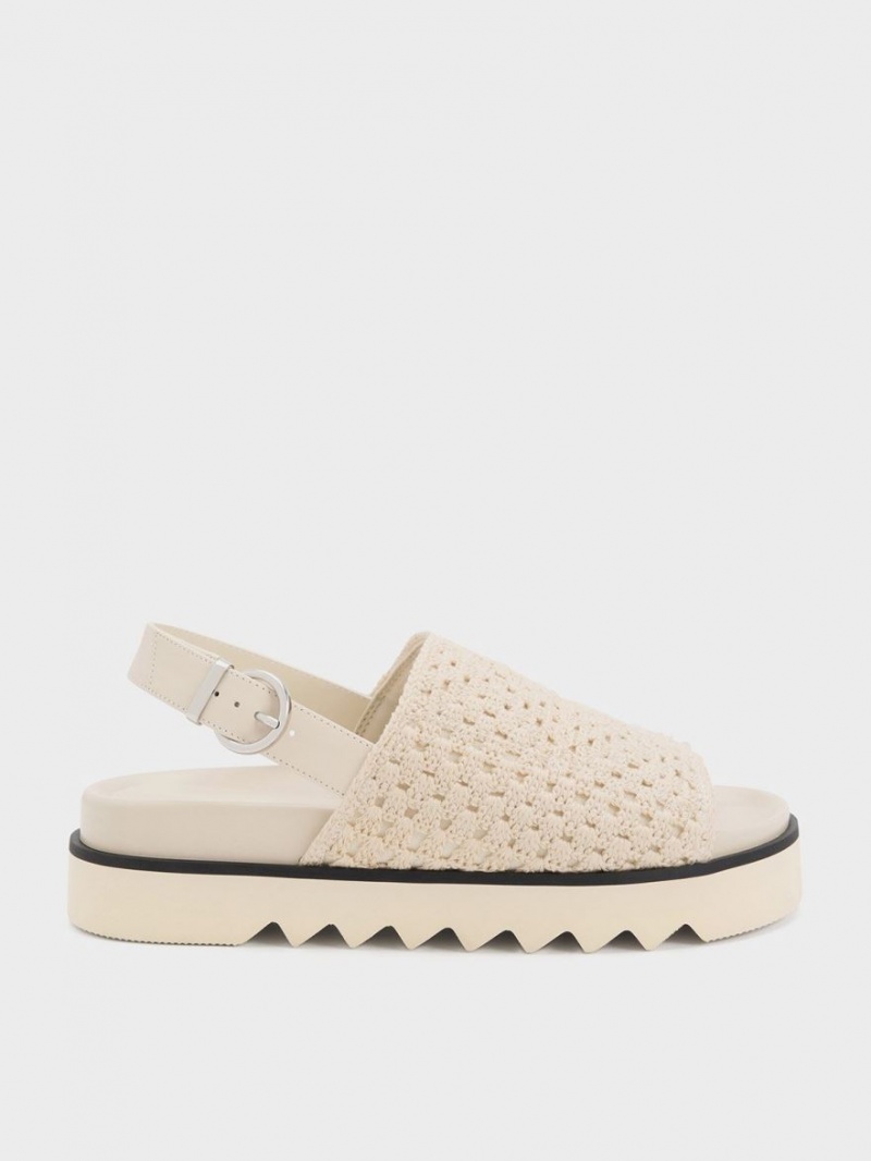 Πεδιλα Πλατφορμεσ Charles And Keith Crochet & δερματινα Slingback κρέμα | 26089-BVFJ