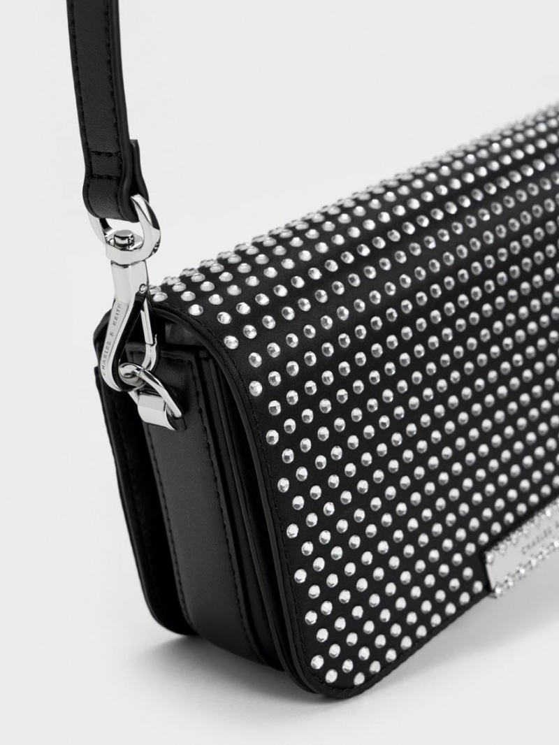 τσάντεσ ώμου Charles And Keith Crystal-Embellished Chain λουρακια μαυρα | 90568-IZQS