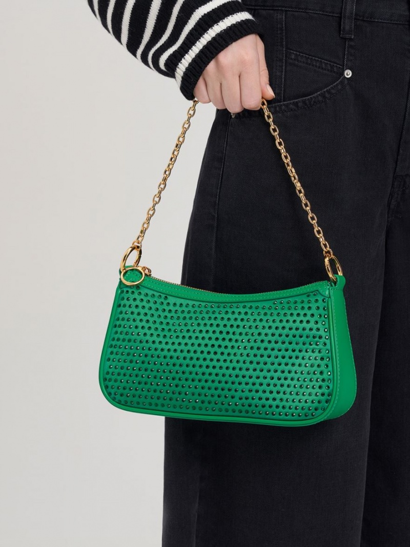 τσάντεσ ώμου Charles And Keith Crystal-Embellished Satin πρασινο | 21984-EKMI