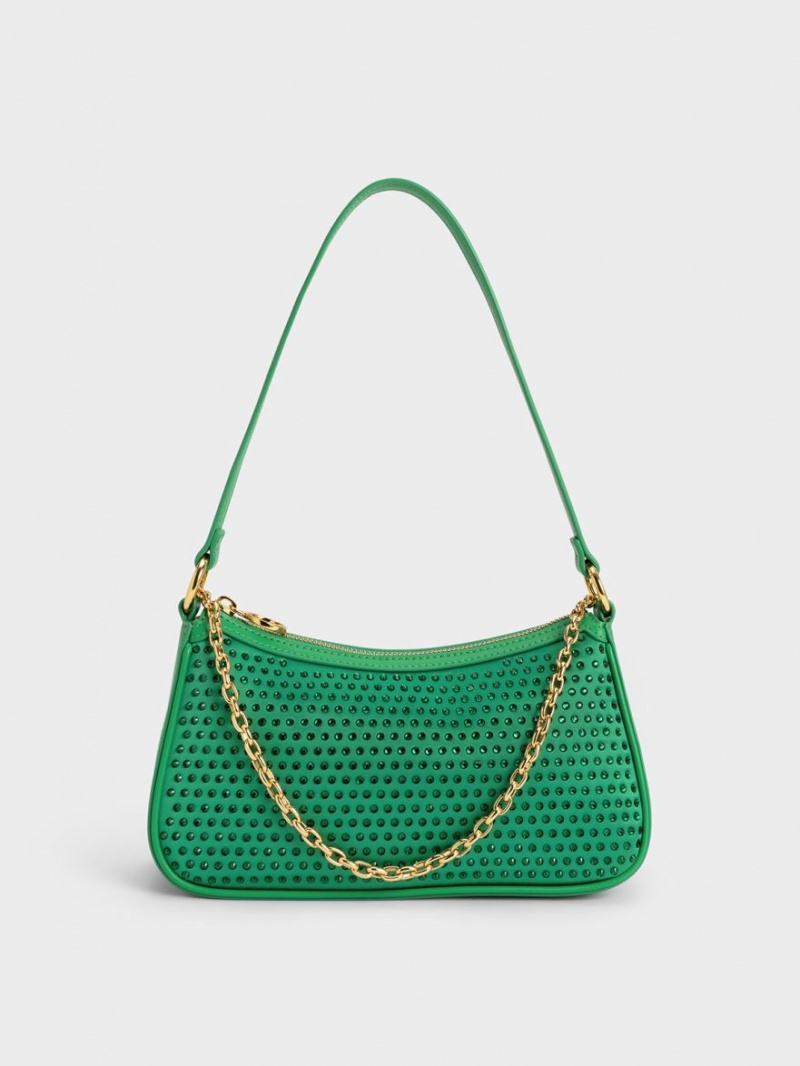 τσάντεσ ώμου Charles And Keith Crystal-Embellished Satin πρασινο | 21984-EKMI