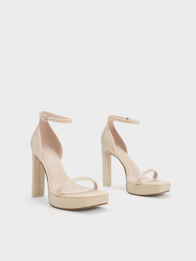 Πεδιλα Πλατφορμεσ Charles And Keith Crystal Ankle-λουρακια Μπεζ | 23840-HALW