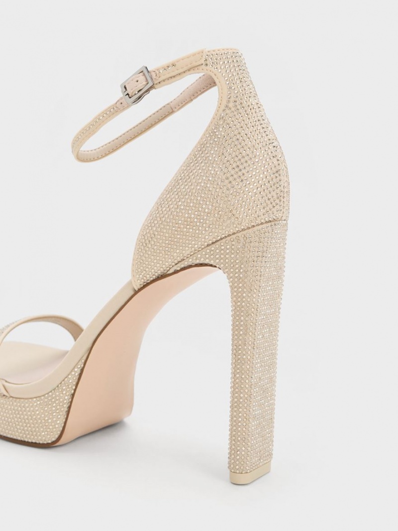 Πεδιλα Πλατφορμεσ Charles And Keith Crystal Ankle-λουρακια Μπεζ | 23840-HALW