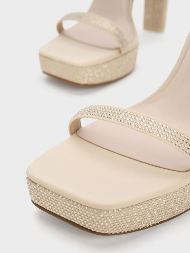 Πεδιλα Πλατφορμεσ Charles And Keith Crystal Ankle-λουρακια Μπεζ | 23840-HALW