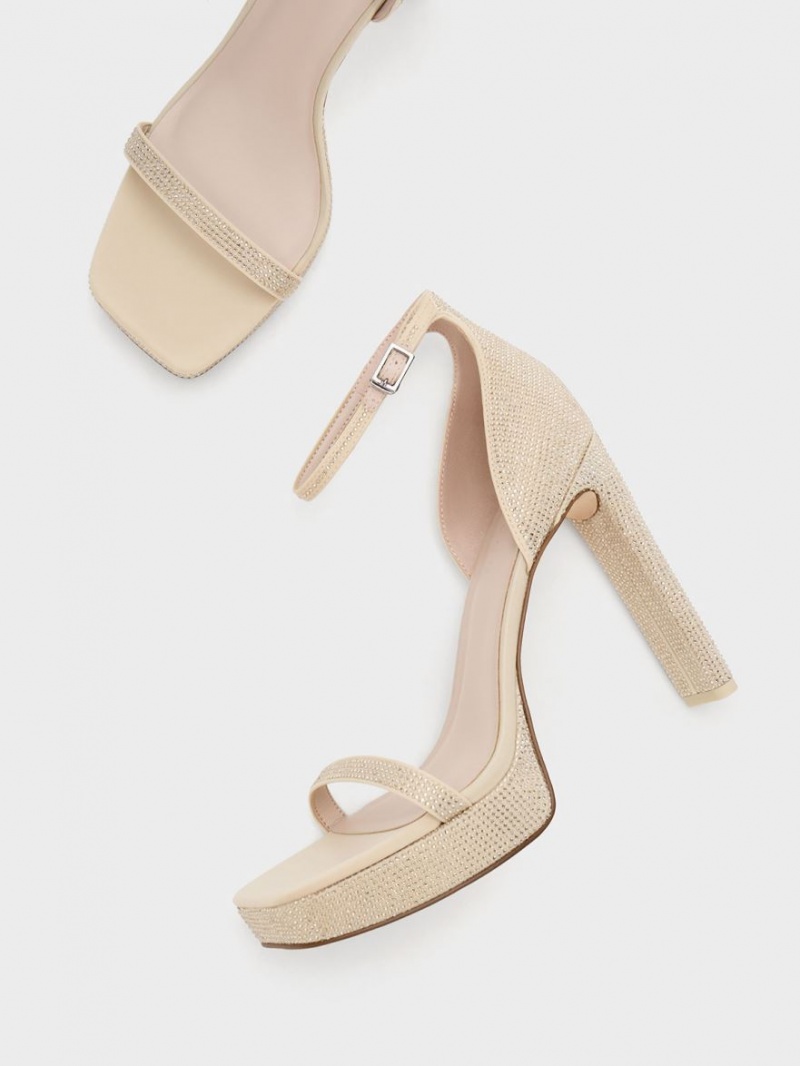 Πεδιλα Πλατφορμεσ Charles And Keith Crystal Ankle-λουρακια Μπεζ | 23840-HALW