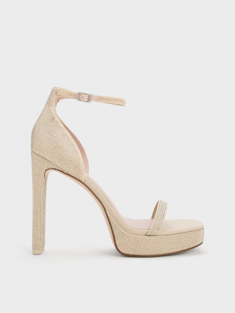 Πεδιλα Πλατφορμεσ Charles And Keith Crystal Ankle-λουρακια Μπεζ | 23840-HALW