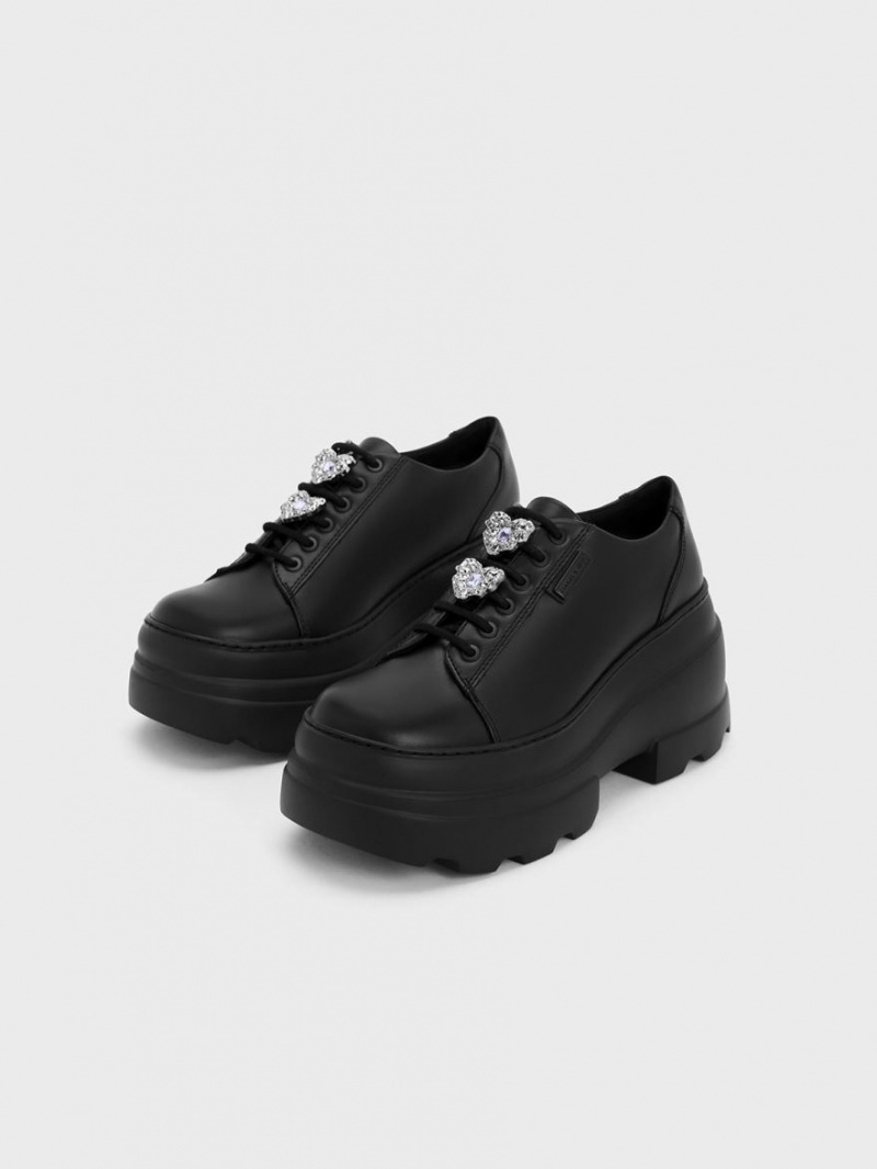 μποτα πλατφορμα Charles And Keith Crystal Heart-Motif δαντελα-Up Oxfords μαυρα | 73684-BDVA