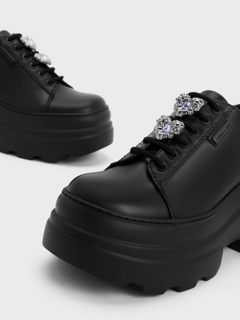 μποτα πλατφορμα Charles And Keith Crystal Heart-Motif δαντελα-Up Oxfords μαυρα | 73684-BDVA