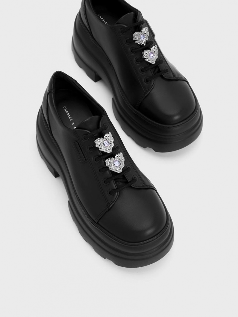 μποτα πλατφορμα Charles And Keith Crystal Heart-Motif δαντελα-Up Oxfords μαυρα | 73684-BDVA