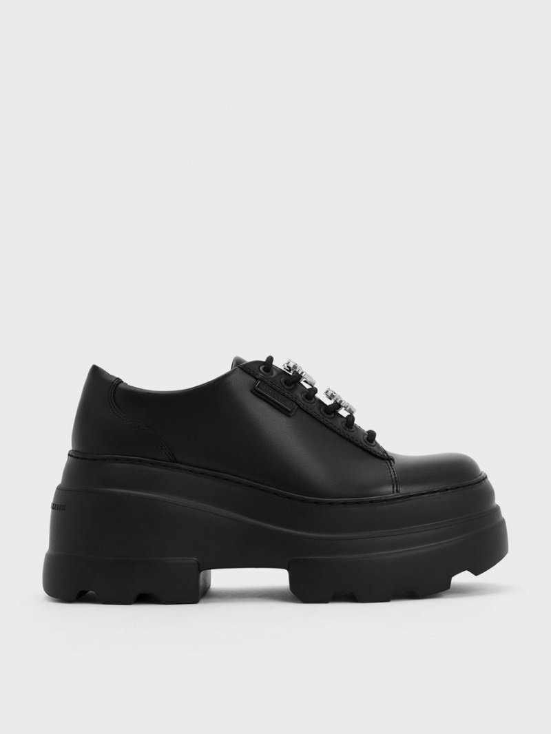 μποτα πλατφορμα Charles And Keith Crystal Heart-Motif δαντελα-Up Oxfords μαυρα | 73684-BDVA