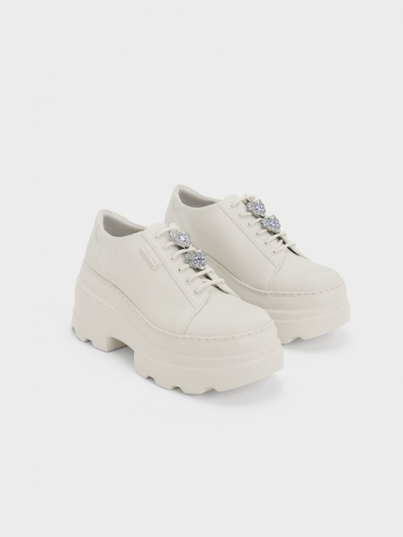 μποτα πλατφορμα Charles And Keith Crystal Heart-Motif δαντελα-Up Oxfords ασπρα | 85261-LPKM