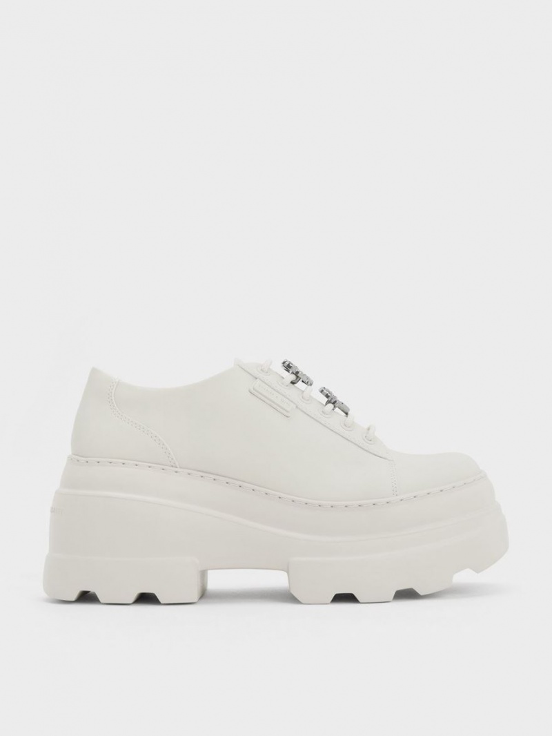 μποτα πλατφορμα Charles And Keith Crystal Heart-Motif δαντελα-Up Oxfords ασπρα | 85261-LPKM