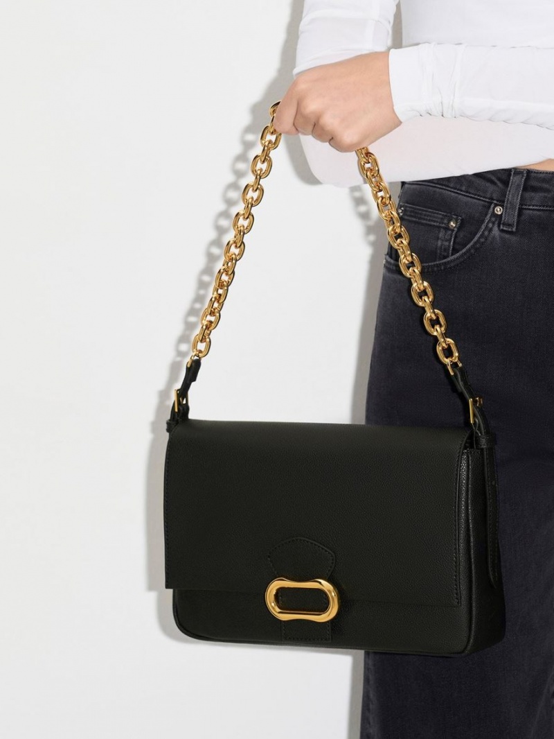 τσάντεσ ώμου Charles And Keith Daki Belted Trapeze μαυρα | 83702-NQVO