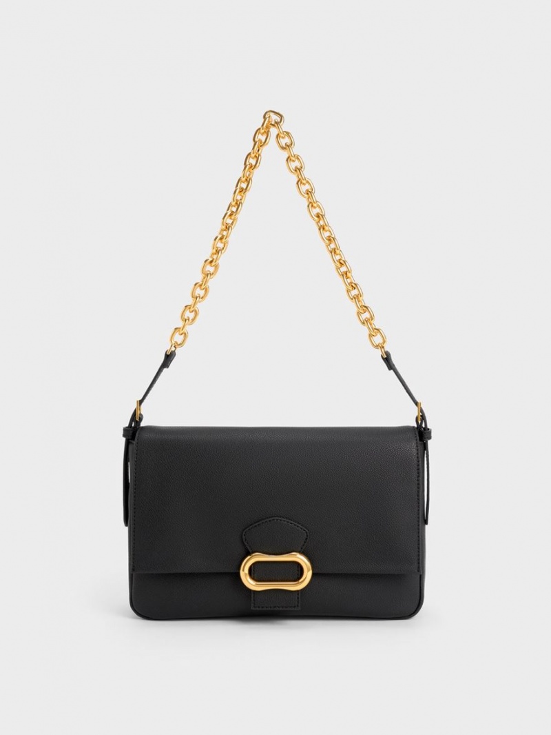 τσάντεσ ώμου Charles And Keith Daki Belted Trapeze μαυρα | 83702-NQVO